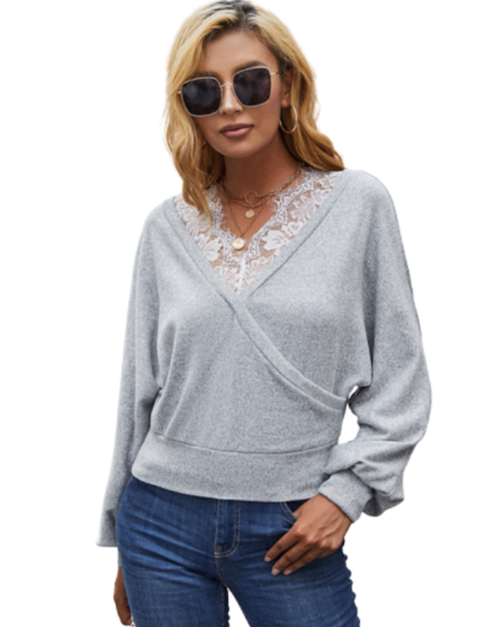 SHOPIQAT Lace Long-Sleeved V-Neck Stitching Top Loose Sweater - Premium from shopiqat - Just $7.200! Shop now at shopiqat
